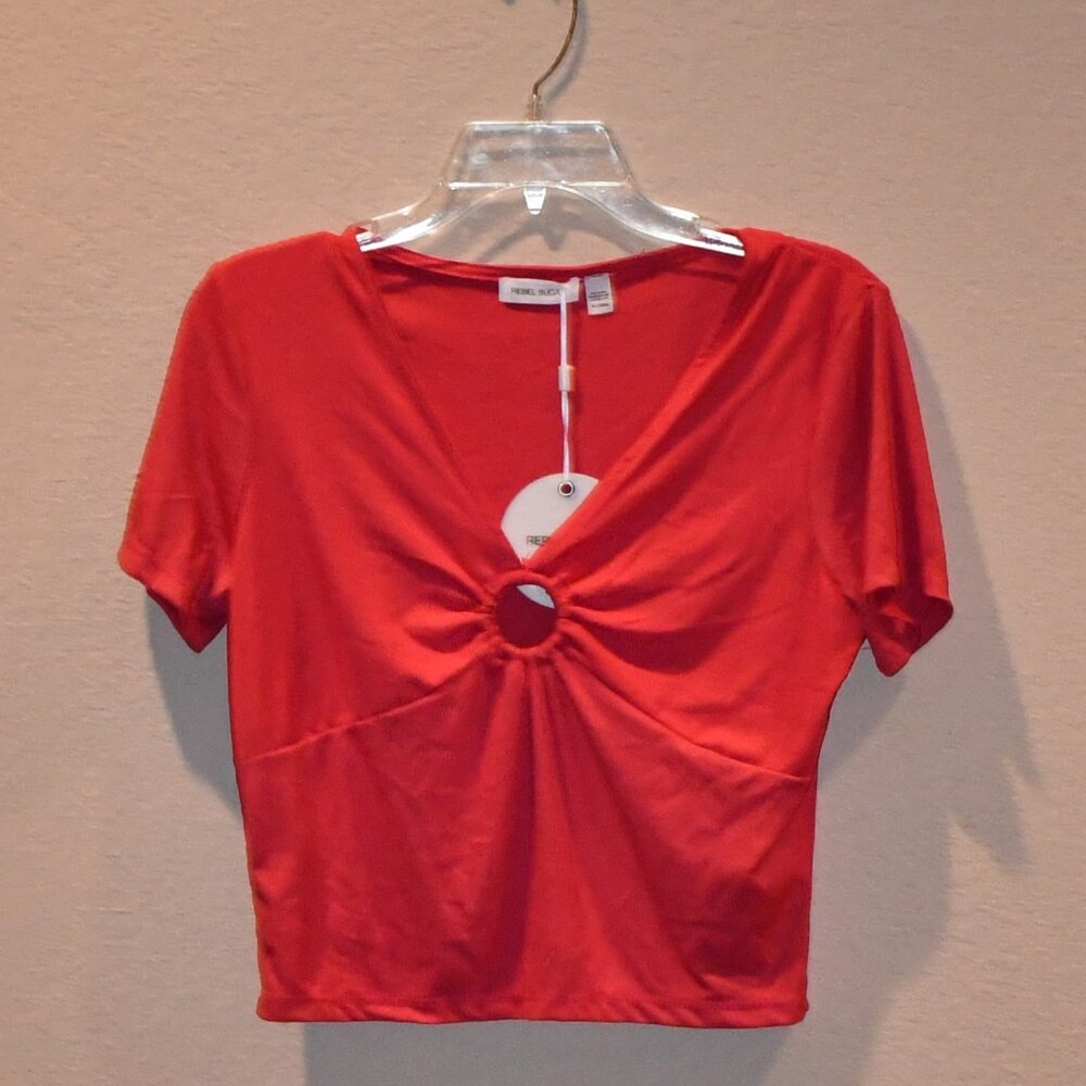 NWT Rebel Sugar Pink Short Sleeve Ring Cutout V-Neck Rib Knit Top Size XL